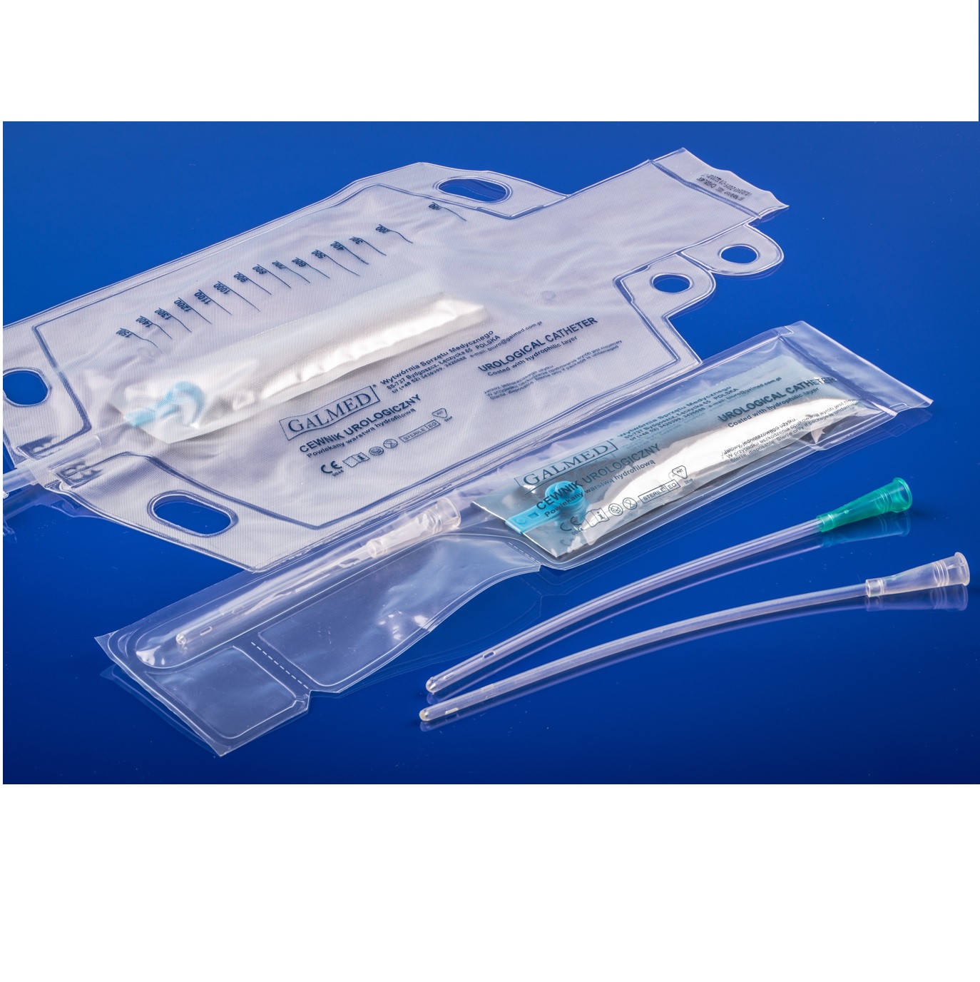 Cewniki pęcherzowe GALMED hydrofilowe z saszetką z wodą i workiem na mocz