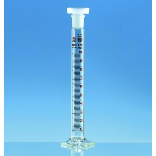 Cylindry miarowe szklane BRAND wysoki klasa B brązowa skala z korkiem PP