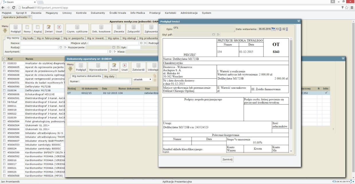 Elektroniczny paszport techniczny sprzętu medycznego Gaxam gxAparatura