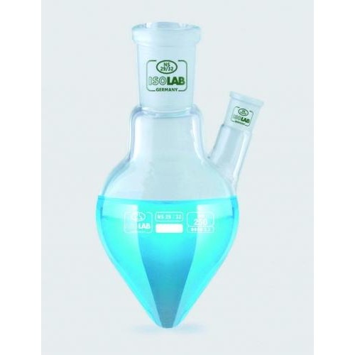 Kolby szklane ISOLAB Gruszkowe z szyjką boczną szkło borokrzemianowe 3.3