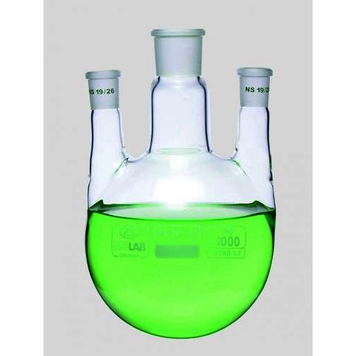 Kolby szklane ISOLAB Z trzema szyjkami ustawionymi równolegle szkło borokrzemianowe 3.3