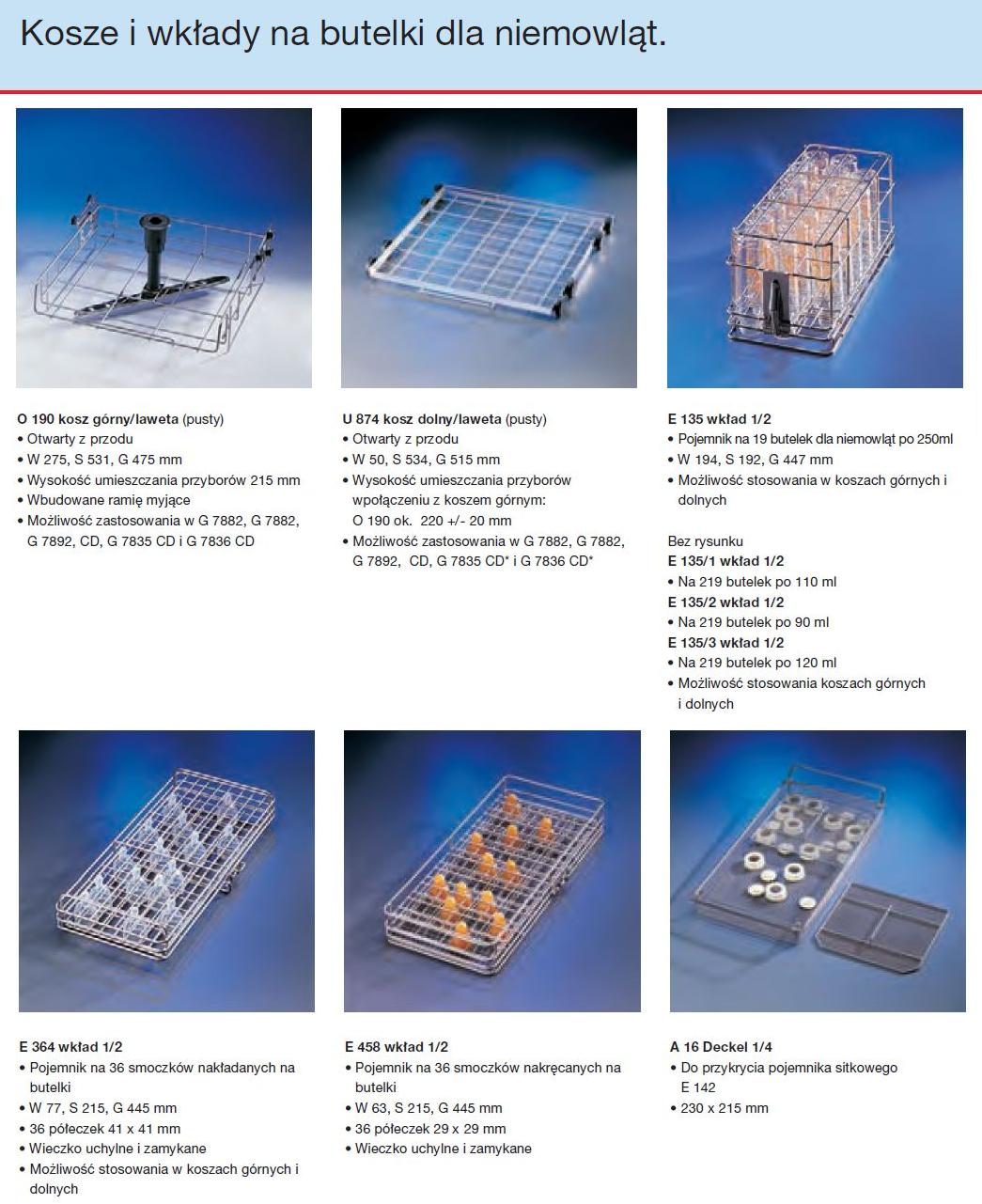 Kosze wsadowe i wózki do myjni medycznych Miele G 7882, G 7892, G 7835 CD, G 7836 CD