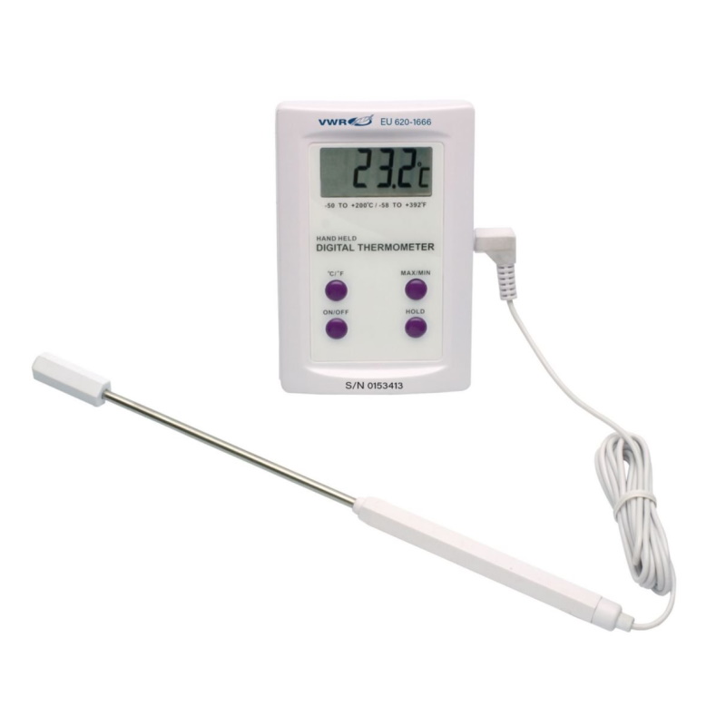Termometry elektroniczne laboratoryjne VWR skalibrowane z sondą ze stali nierdzewnej