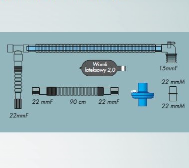 Układy oddechowe do aparatów do znieczulenia R-Vent Medikal Obwody współosiowe z odgałęzieniem rozciągliwym, lateksowym workiem oddechowym i filtrem bakteryjno-wirusowym